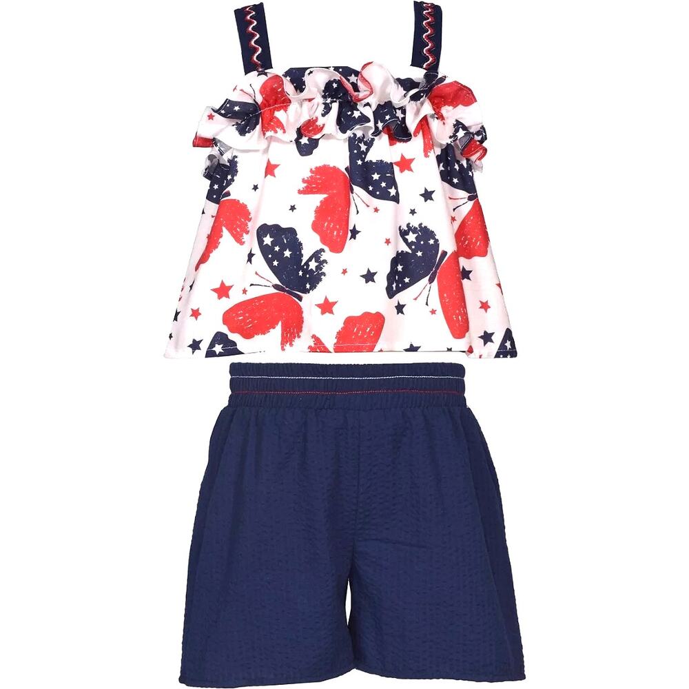 Bonnie Jean Toddler Outfit White Butterfly Top & Blue Seersucker Shorts Size 2T